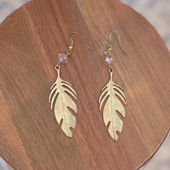 Gold Feather Drop Earrings with Pink Bead – Boho Chic Dangle Jewelry - Picture 1 of 2